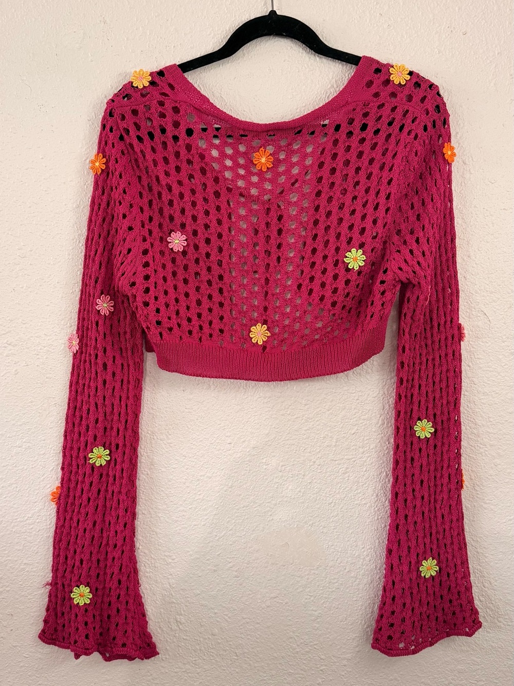 Crochet Tie-Front Cardigan with Floral Appliqués - Picture 2 of 2